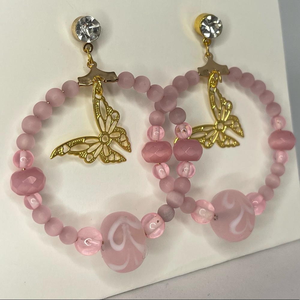 Handmade Pink Beaded Butterfly Earrings